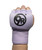 A hand wearing a light purple padded glove with the 9Round logo printed in black on the back.