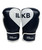 A pair of navy and white boxing gloves with IL printed on one glove and KB printed on the other, forming a heart when paired together and I Love Kickboxing printed on the wrist strap.