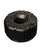 A black, circular plastic water storage tank with a central opening and a capped inlet on the side.