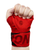 A hand wrapped in red fabric is clenched into a fist against a white background.