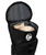 A black duffel bag with its side pocket open, revealing a pair of beige boxing gloves.