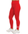 Person wearing high-waisted red leggings and white athletic shoes, shown from chest down against a white background.