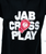 Black t-shirt with the words JAB CROSS PLAY in white text and a red boxing glove ilustrated over the word CROSS.
