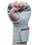 A hand with pink nail polish is clenched in a fist, wearing a light gray boxing speed wrap with a Velcro strap.