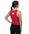 Person with a ponytail facing away, wearing a red T-shirt with a white heart and the letters ILKB printed on the upper back.