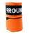Two rolled up boxing hand wraps in a bright orange color with the one stacked on top showing the 9Round logo