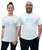 Two people stand side by side, smiling and wearing matching grey 9Round T-shirts and dark pants against a white background.