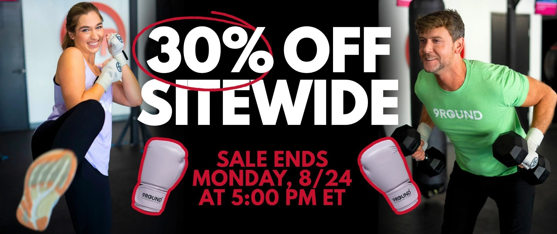 9Round end-of-summer sale banner featuring two people working out, with text reading “30% Off Sitewide” and “Sale Ends Monday, 8/24 at 5:00 PM ET.”
