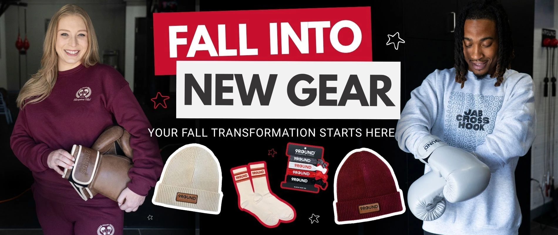 A promotional graphic that reads, "Fall into New Gear. Your Fitness Transformation Starts Here." It features a woman in a maroon sweatset and a man in a grey sweatshirt that reads, "Jab, Cross, Hook."