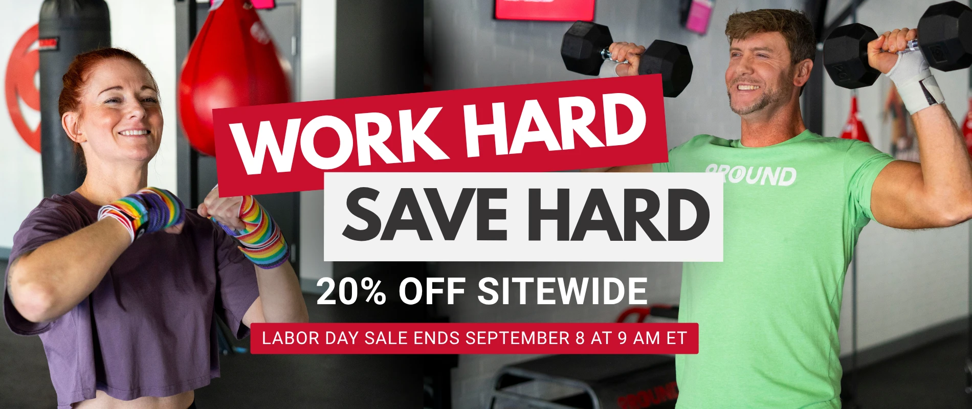 Graphic featuring two 9Round members that reads Work Hard, Save Hard, save 20% off sitewide