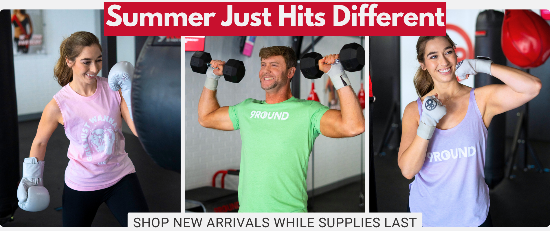 Promotional 9Round fitness graphic free wraps with glove purchase featuring three people in a gym wearing pastel spring workout apparel. One woman punches a heavy bag, a man lifts dumbbells overhead, and another woman poses in boxing gloves beside punching bags. Bold text at the top reads “Spring Just Hits Different,” with a banner at the bottom that says “Shop New Arrivals While Supplies Last.”