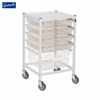 Classic Low Single Fixed Runner White Trolley with 1 Deep Basket & 4 Shallow Antimicrobial Trays