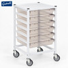 Classic Low Single Fixed Runner White Trolley with 6 Shallow Antimicrobial Translucent Trays