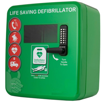 Outdoor Defibrillator Cabinet - Keypad Lock - Heater and LED Light - Green Side