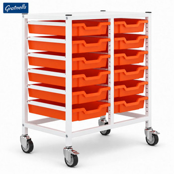 Science Bench Height Double Trolley with 12 Shallow Trays