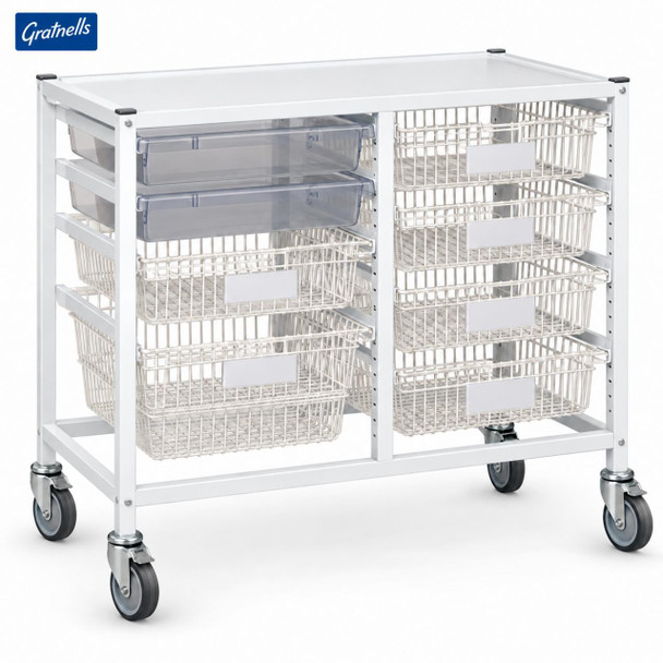 Classic Low Double White Trolley with 5 Shallow Trays, 2 Deep Baskets & 2 Antimicrobial Trays