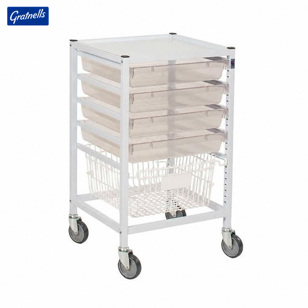 Classic Low Single Fixed Runner White Trolley with 1 Deep Basket & 4 Shallow Antimicrobial Trays