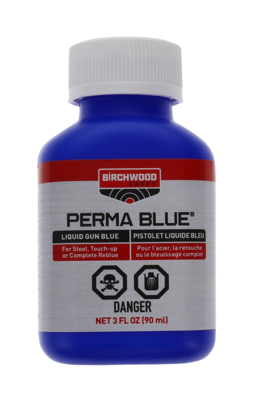 A blue bottle of Birchwood Casey Perma Blue liquid gun blue, labeled for steel touch-up or complete reblue, with a danger warning.