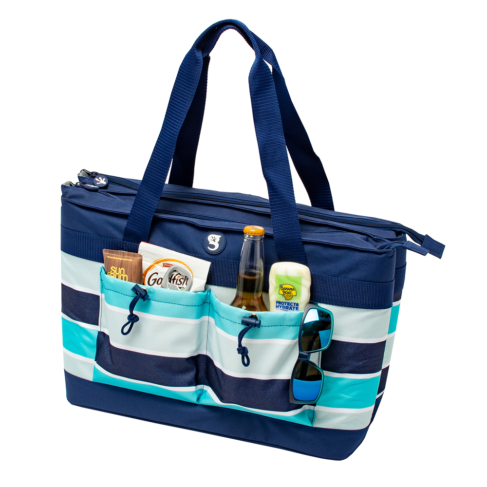 Gecko 2 Compartment Tote Cooler - Blue/Grey Wide Stripe (Contents NOT Included)