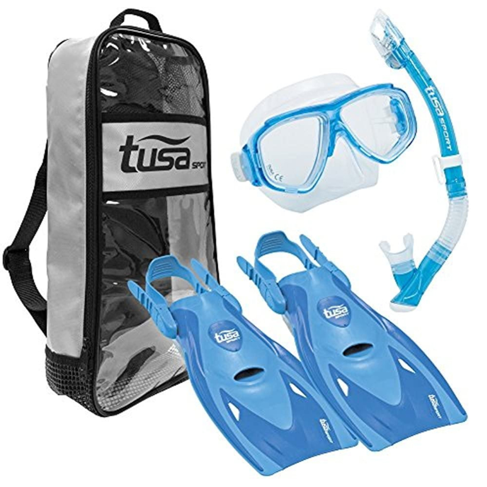 TUSA Sport Adult Platina Hyperdry Mask, Snorkel, & Fins Travel Set, Blue,  Medium 