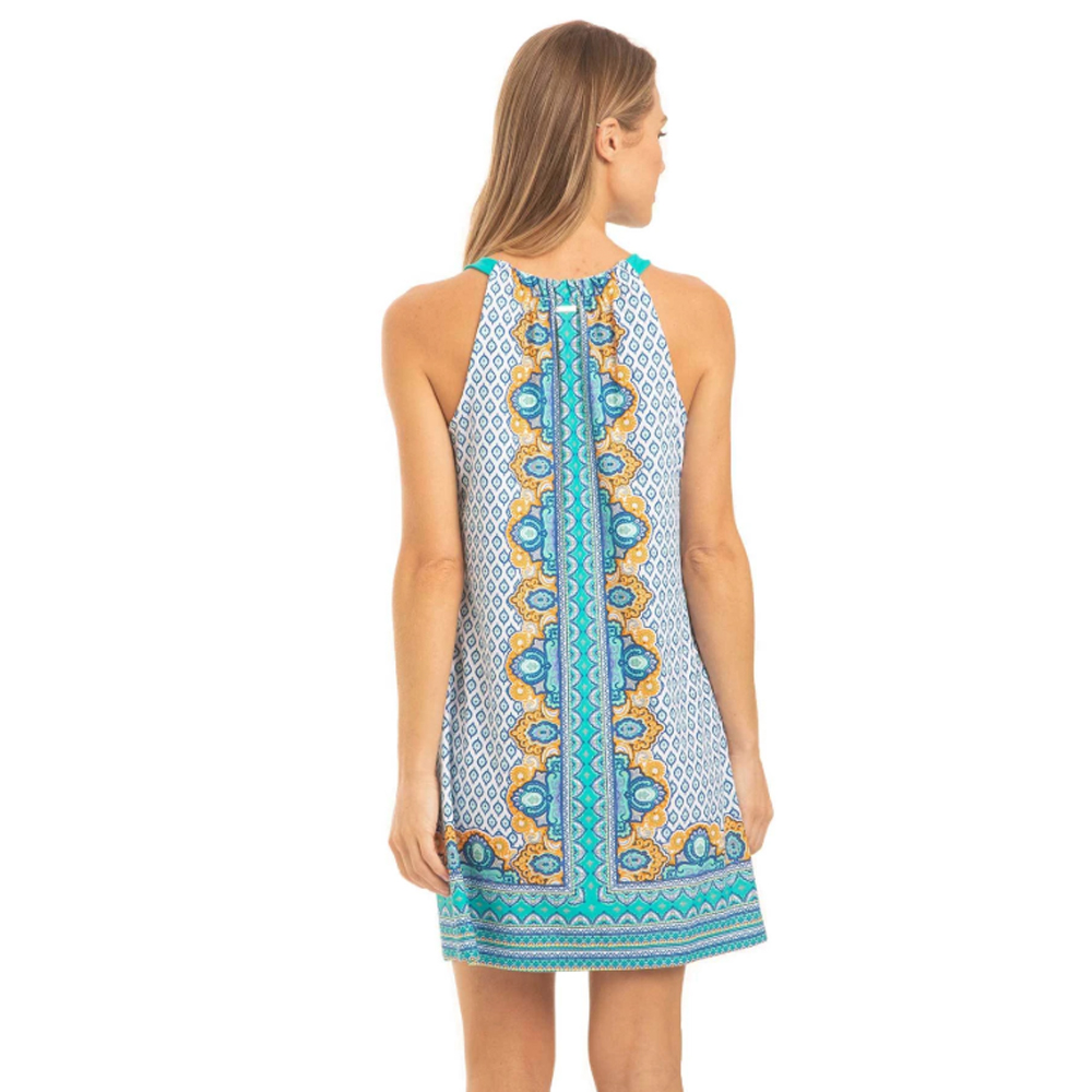 Cabana Life Jewel Scarf Sleeveless Shift Dress - Turquoise White 