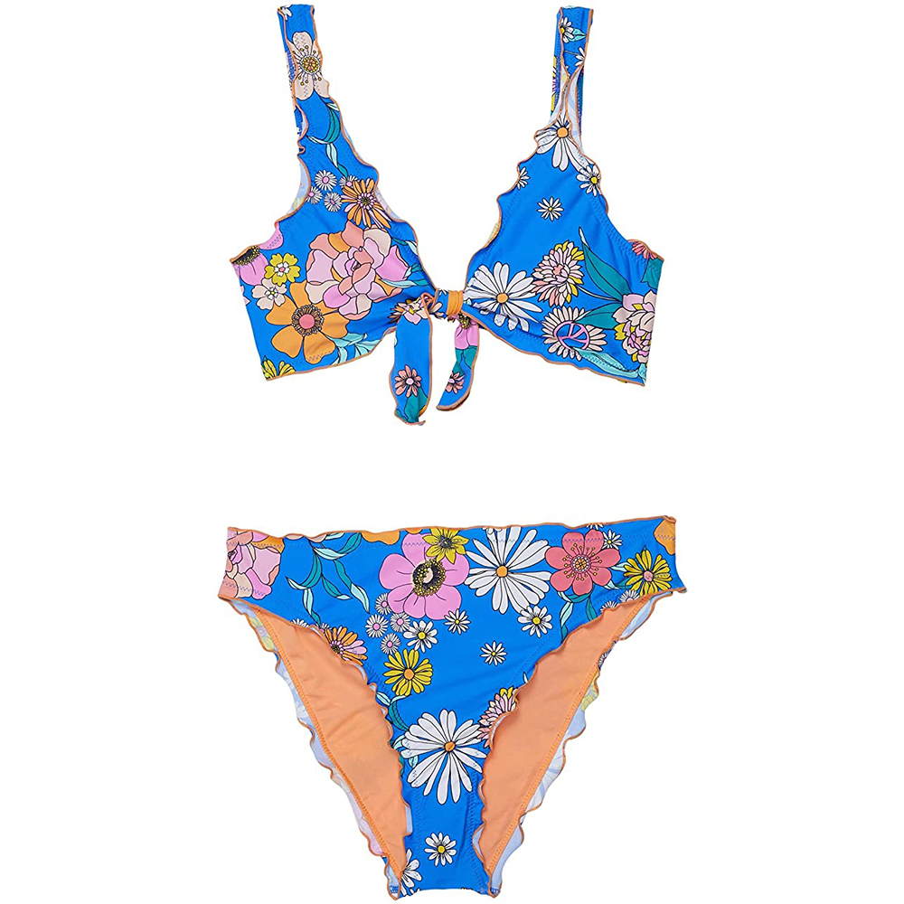 Hobie Merrow Bralette and Hipster Swimsuit Set (Kid’s) - Peace, Love, & Daisies Sea Blue