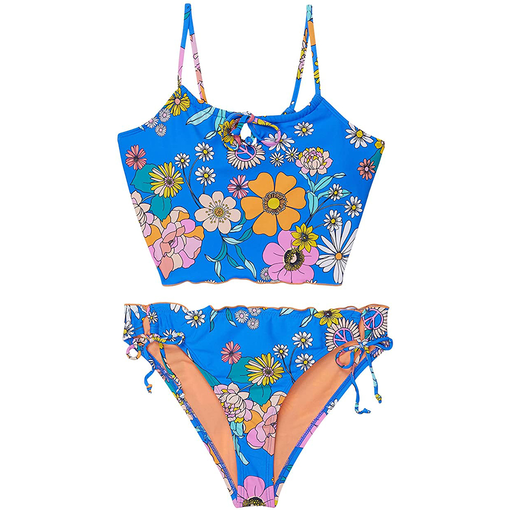 Hobie Midkini with Merrow Edge and Adjustable Hipster Swimsuit Set (Kid’s) - Peace, Love, & Daisies Sea Blue