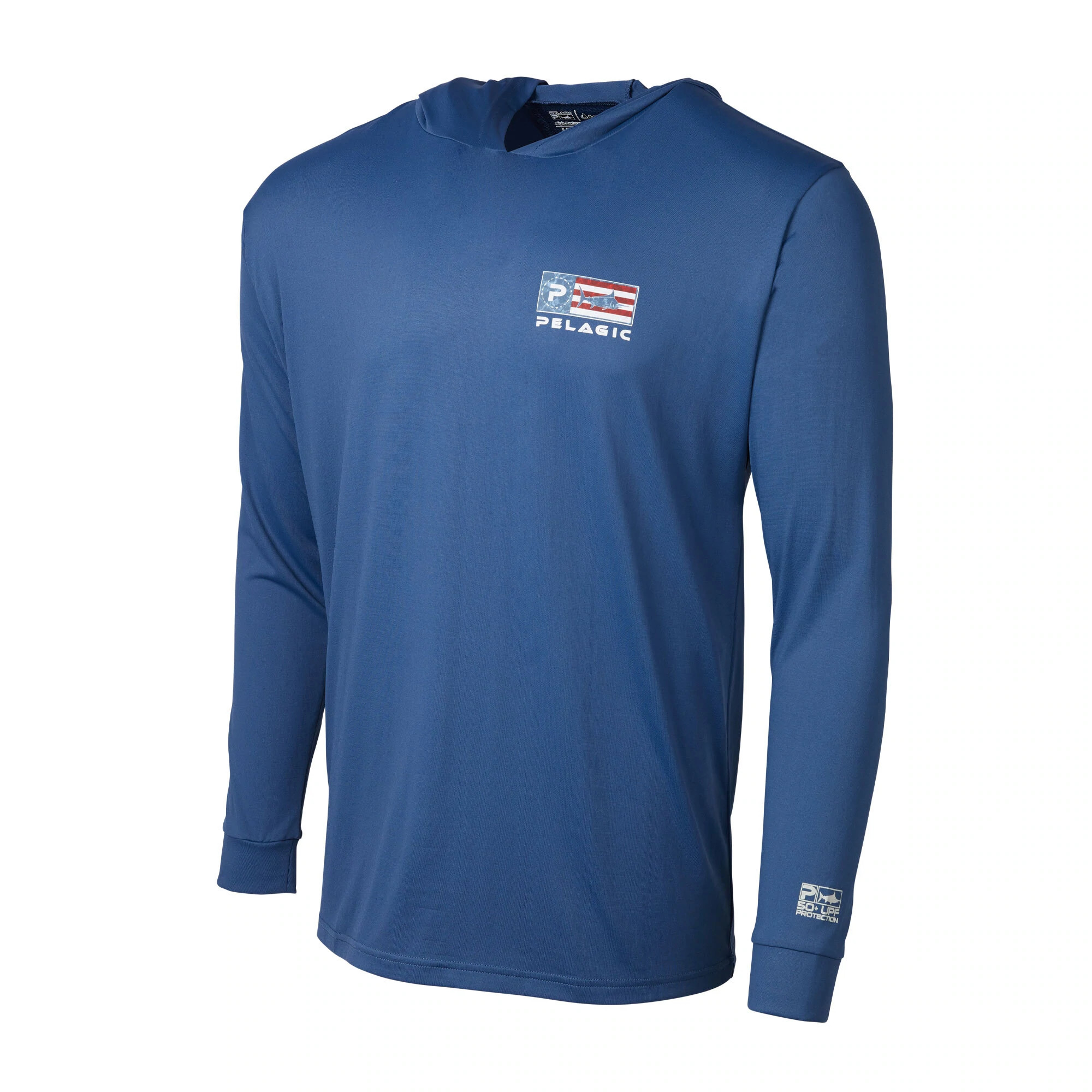 Pelagic Aquatek Icon Hooded Long Sleeve Performance Fishing Shirt Front - Smokey Blue