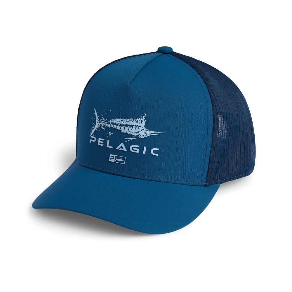 Pelagic Echo Gyotaku Performance Trucker Hat - Smokey Blue Left View