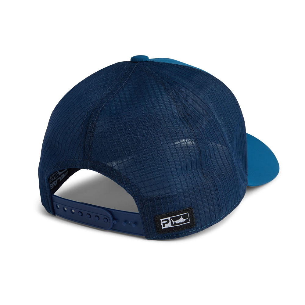 Pelagic Echo Gyotaku Performance Trucker Hat - Smokey Blue Back View