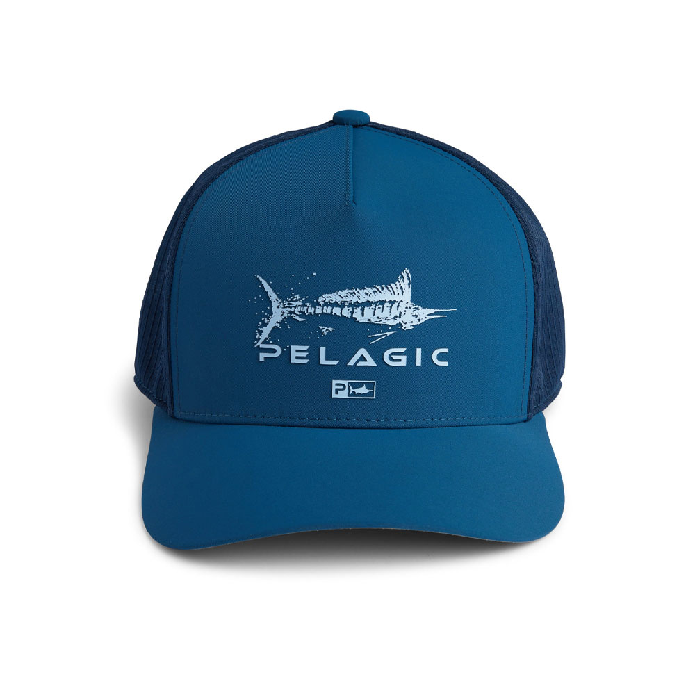 Pelagic Echo Gyotaku Performance Trucker Hat - Smokey Blue Front View