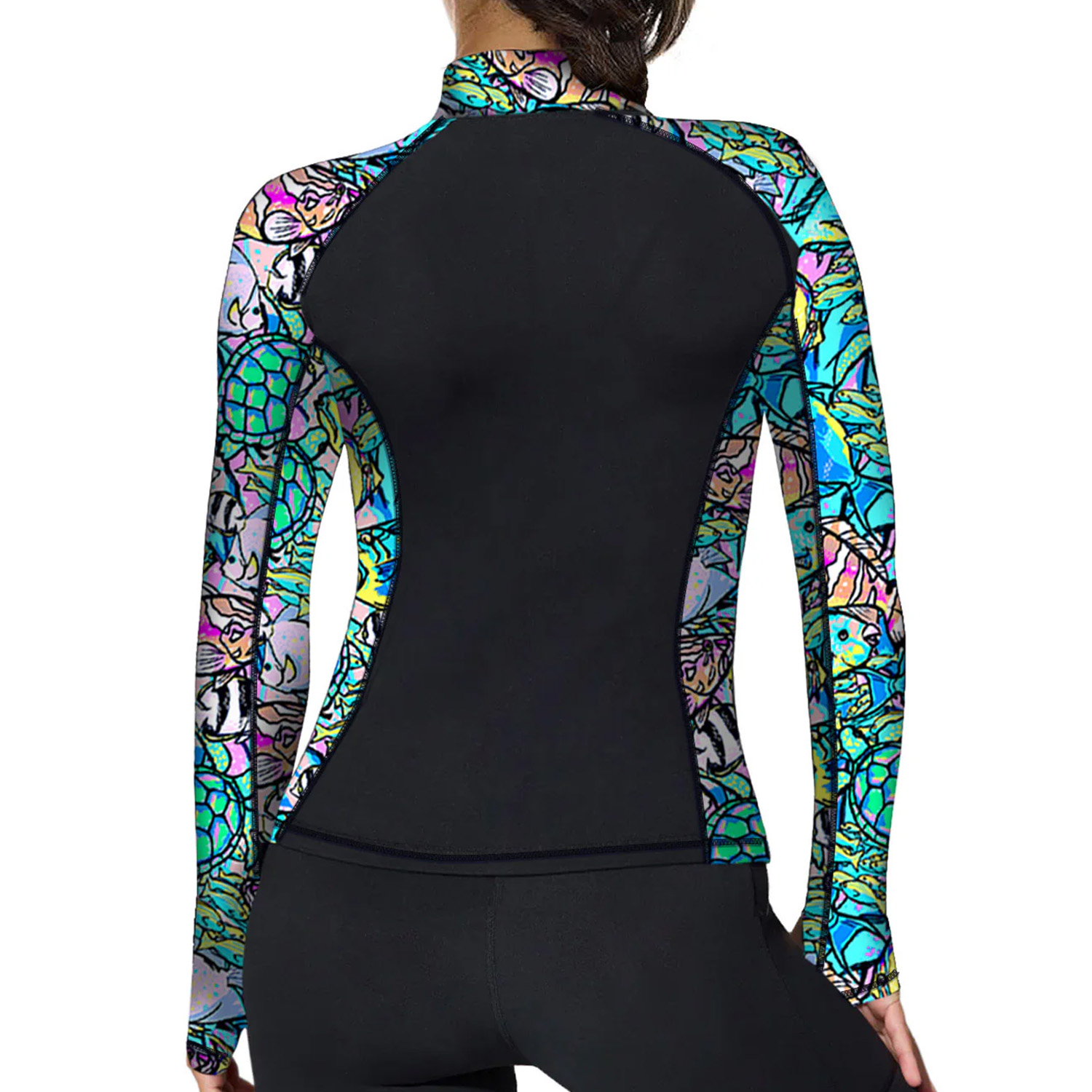 Spacefish Army Eco-Friendly Zip-Up Rashguard - Neon Fish Frenzy - Back