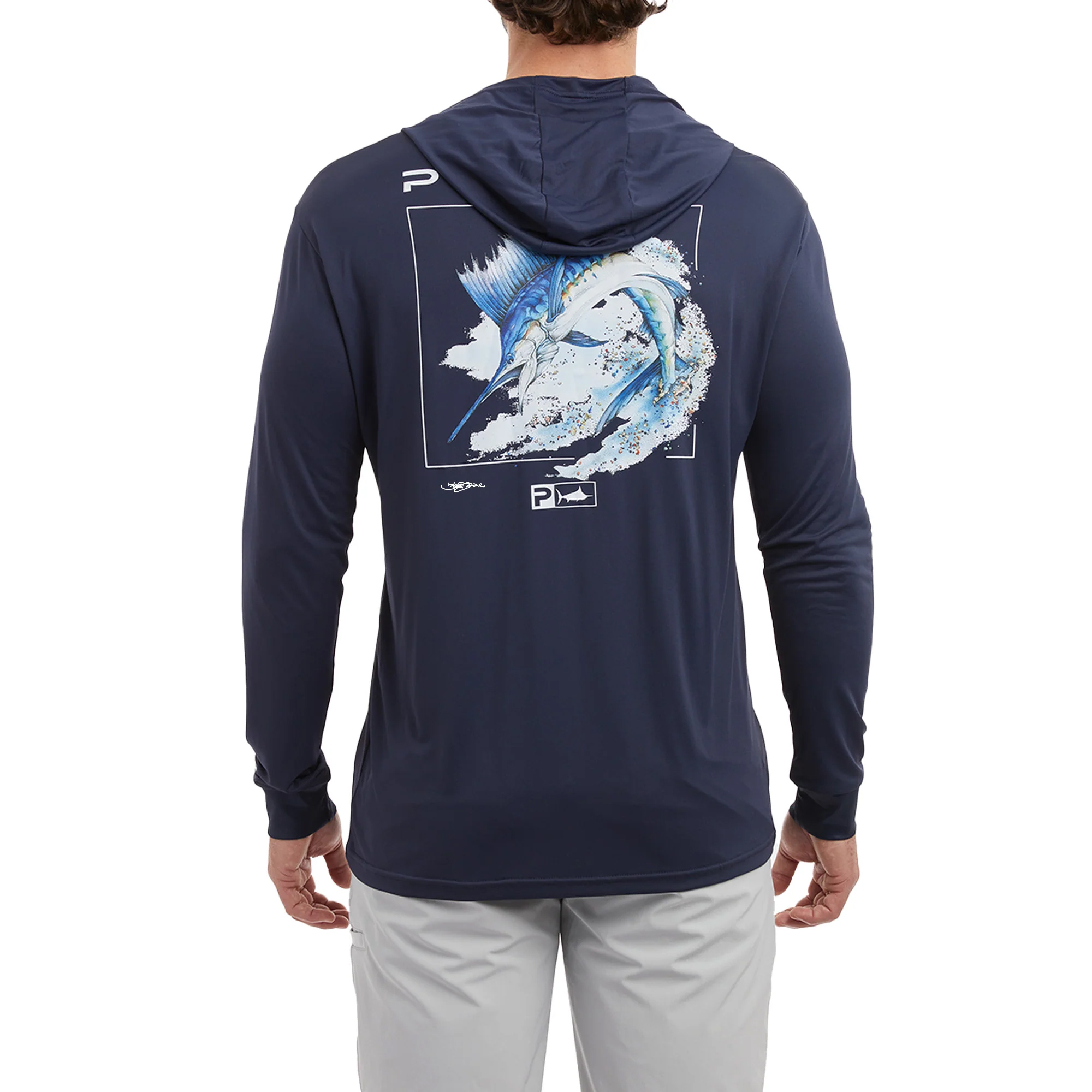 Pelagic Aquatek Hooded Sailfish Long Sleeve Performance Shirt - Back / Model