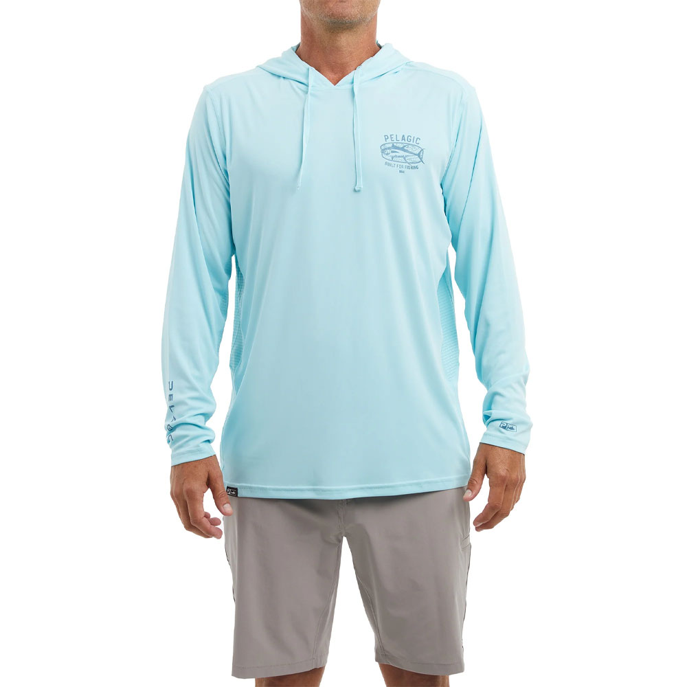 Pelagic Vaportek Map Fish Hooded Performance Shirt (Men’s) - Front on Model