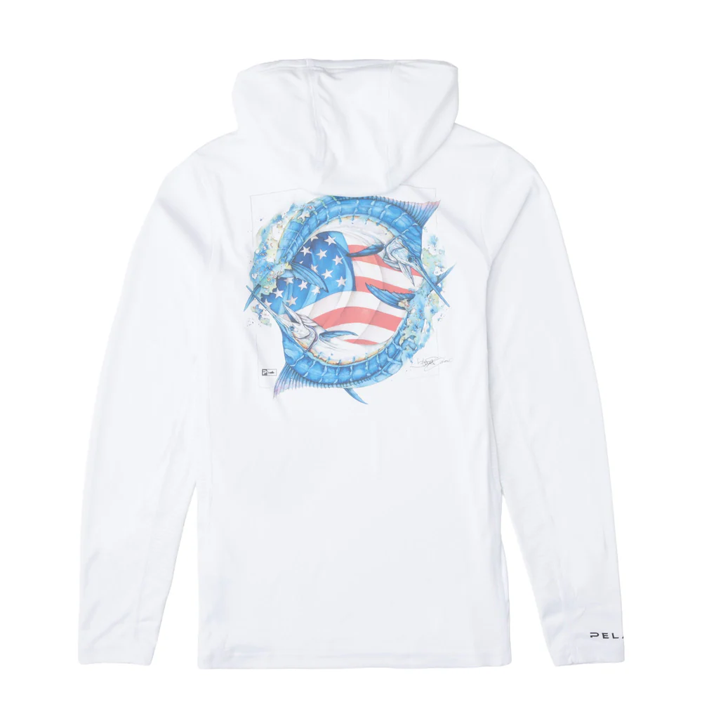 Pelagic Vaportek Youth Hooded Fishing Shirt American Marlin - White