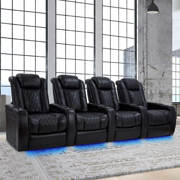 Imperia XL Modern 4-piece Top Grain Leather Power Reclining Headrest Home Theatre Seating, Black
