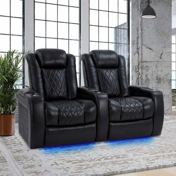 Imperia XL Modern 2-piece Top Grain Leather Power Reclining Headrest Home Theatre Seating, Black