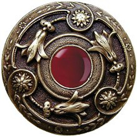 Jeweled Lily & Red Carnelian Natural Stone Knob in Antique Brass Finish