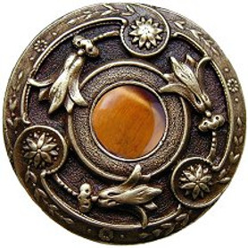 Jeweled Lily & Tiger Eye Natural Stone Knob in Antique Brass Finish
