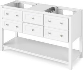 Adler 60'' White Vanity, double bowl, White Carrara Marble Vanity Top, two undermount rectangle bowls VKITADL60WHWCR