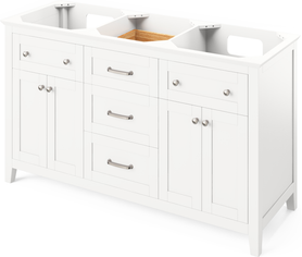 Chatham 60'' White Vanity, double bowl, Boulder Cultured Marble Vanity Top, two undermount rectangle bowls VKITCHA60WHBOR