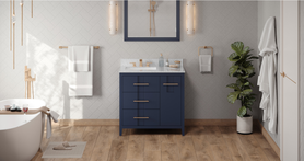 Katara 36'' Hale Blue Vanity, left offset, White Carrara Marble Vanity Top, undermount rectangle bowl VKITKAT36BLWCR