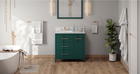 Katara 36'' Forest Green Vanity, left offset, White Carrara Marble Vanity Top, undermount rectangle bowl VKITKAT36GNWCR