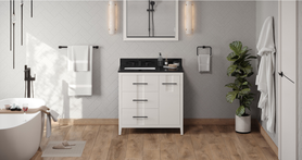 Katara 36'' White Vanity, left offset, Black Granite Vanity Top, undermount rectangle bowl VKITKAT36WHBGR