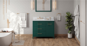Katara 42'' Forest Green Vanity, left offset, White Carrara Marble Vanity Top, undermount rectangle bowl VKITKAT42GNWCR