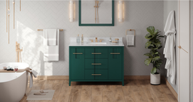 Katara 48'' Forest Green Vanity, White Carrara Marble Vanity Top, undermount rectangle bowl VKITKAT48GNWCR