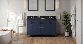 Katara 60'' Hale Blue Vanity, double bowl, Black Granite Vanity Top, two undermount rectangle bowls VKITKAT60BLBGR