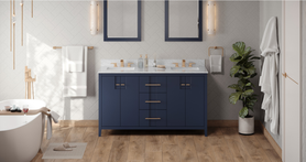 Katara 60'' Hale Blue Vanity, double bowl, White Carrara Marble Vanity Top, two undermount rectangle bowls VKITKAT60BLWCR