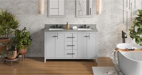 Katara 60'' Grey Vanity, double bowl, Steel Grey Cultured Marble Vanity Top, two undermount rectangle bowls VKITKAT60GRSGR