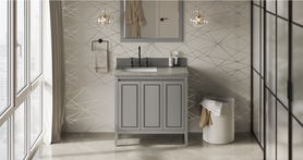 Percival 36'' Grey Vanity, left offset, Steel Grey Cultured Marble Vanity Top, undermount rectangle bowl VKITPER36GRSGR